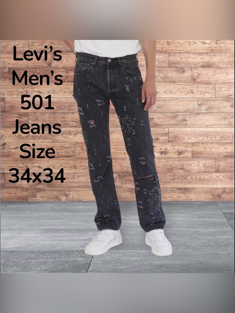 Levis Mens 501 Original Black Distressed Jeans Sz 34 x 34 NWT